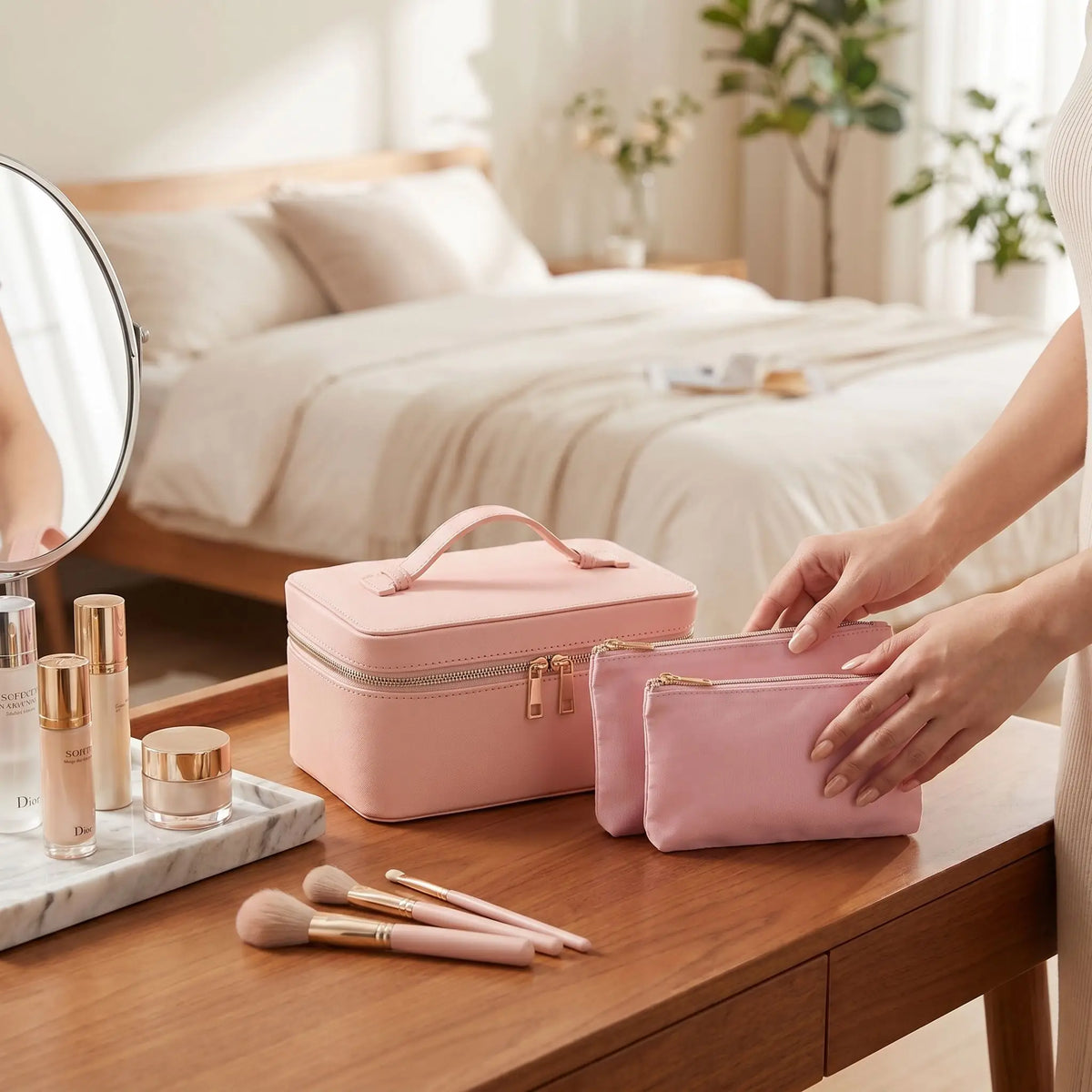 grand vanity femme simili cuir rose