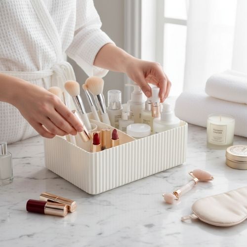 rangement maquillage pour salle de bain blanc