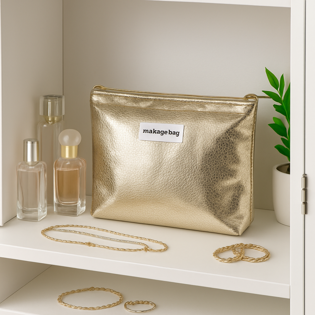 trousse de toilette femme brillante dore