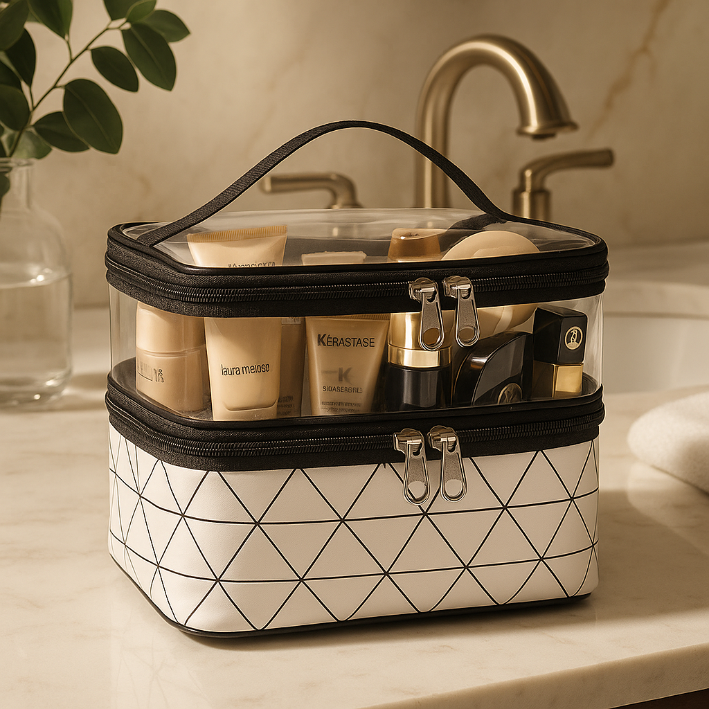 trousse de toilette femme grand format argente
