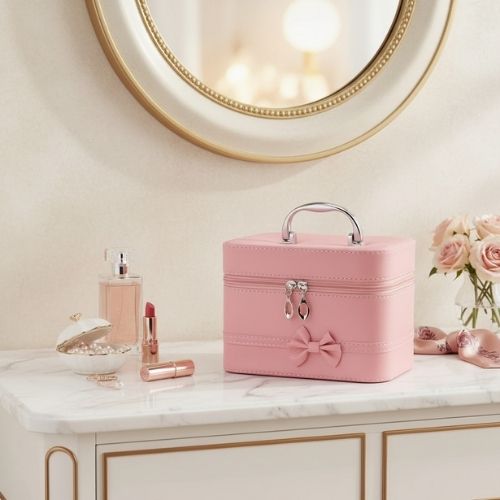 vanity de maquillage rose clair