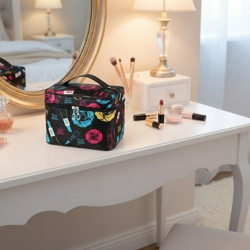 vanity femme souple noir fleur bleu