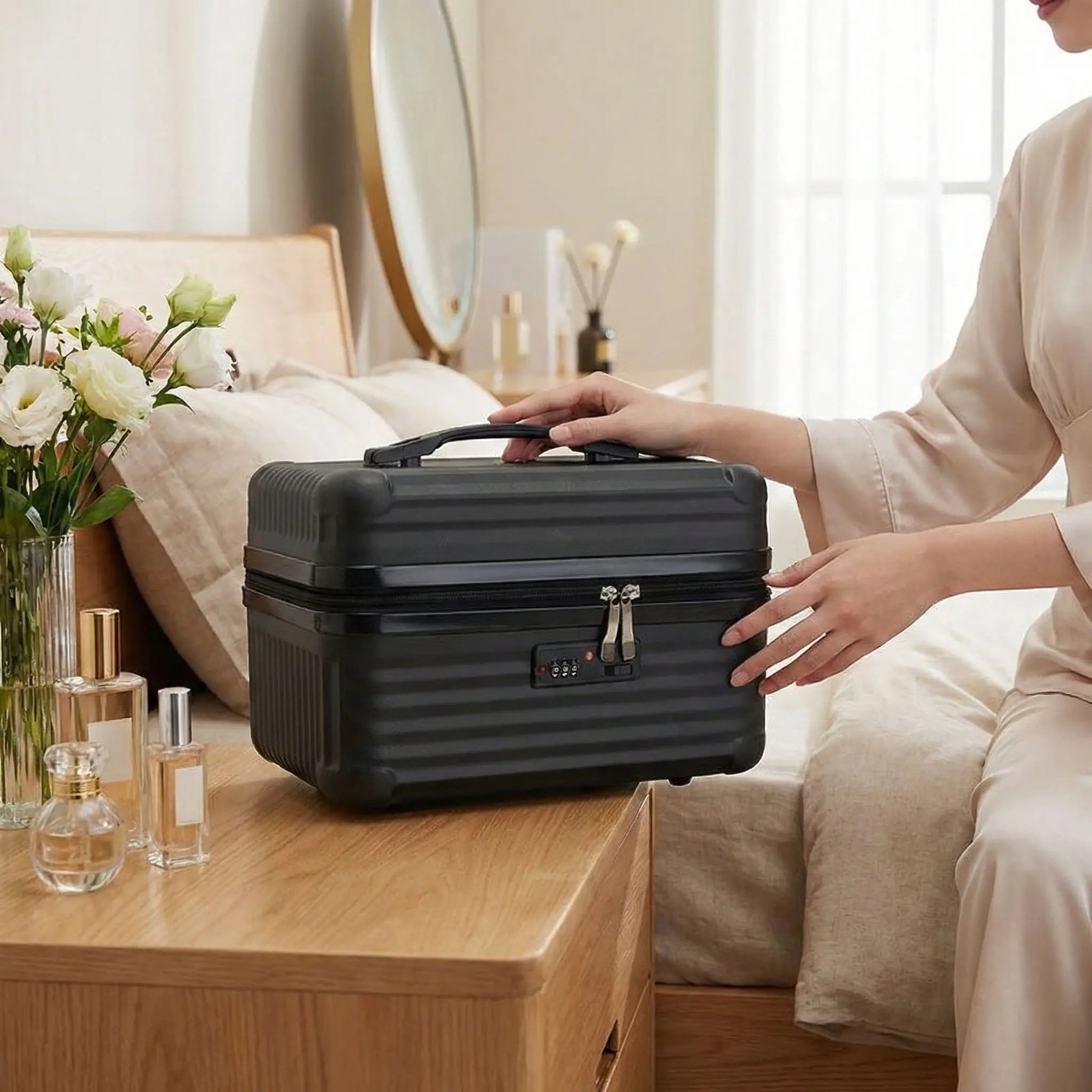 Grand Vanity Case Rigide avec Serrure pour Femme noir brillant