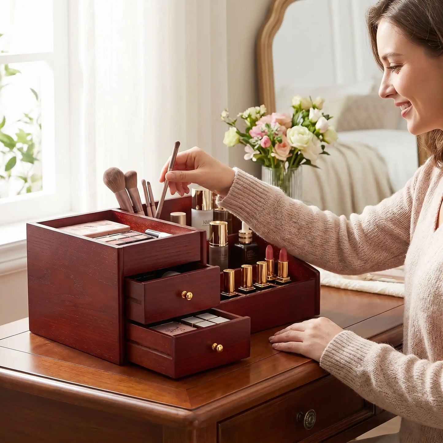 boite de rangement maquillage en bois rouge