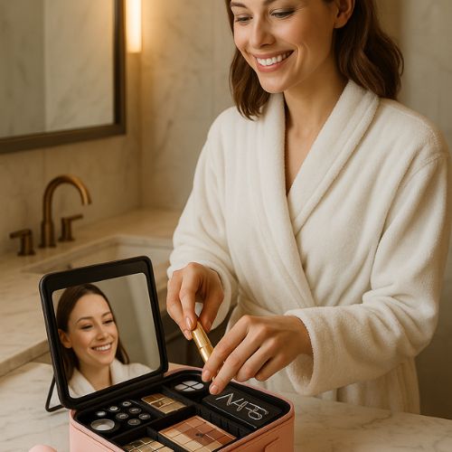 femme heureuse avec trousse de maquillage