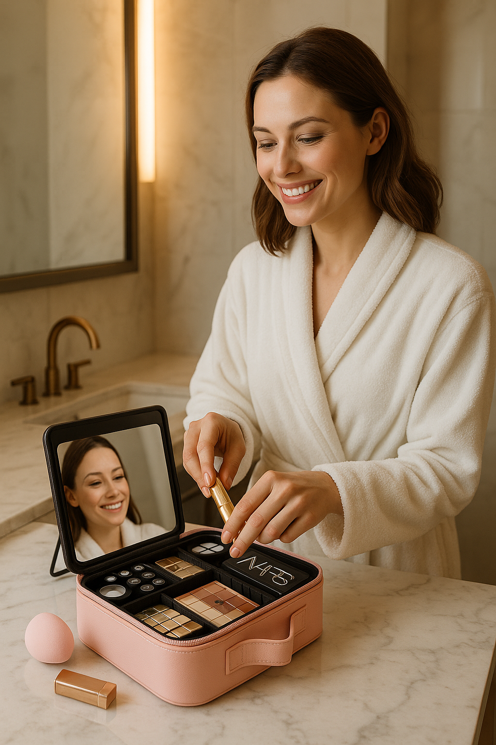 femme heureuse avec trousse de maquillage
