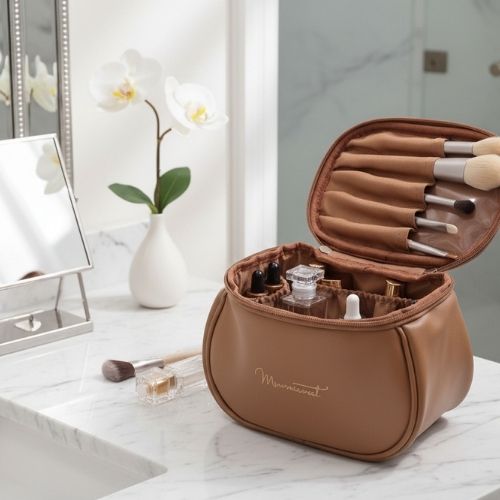 femme ouvre trousse maquillage marron