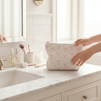 femme pose trousse maquillage table