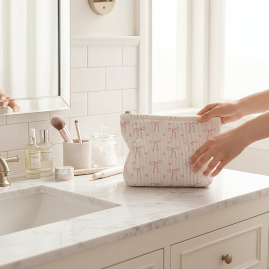 femme pose trousse maquillage table