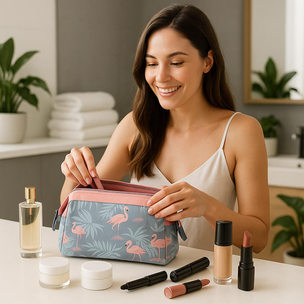 femme range essentiels beaute trousse de toilette