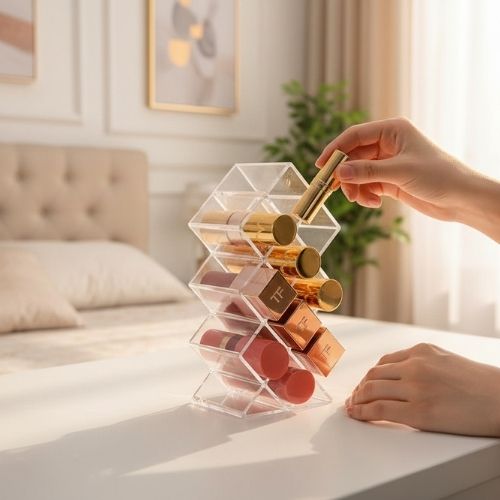 femme range rouge levre organiser maquillage