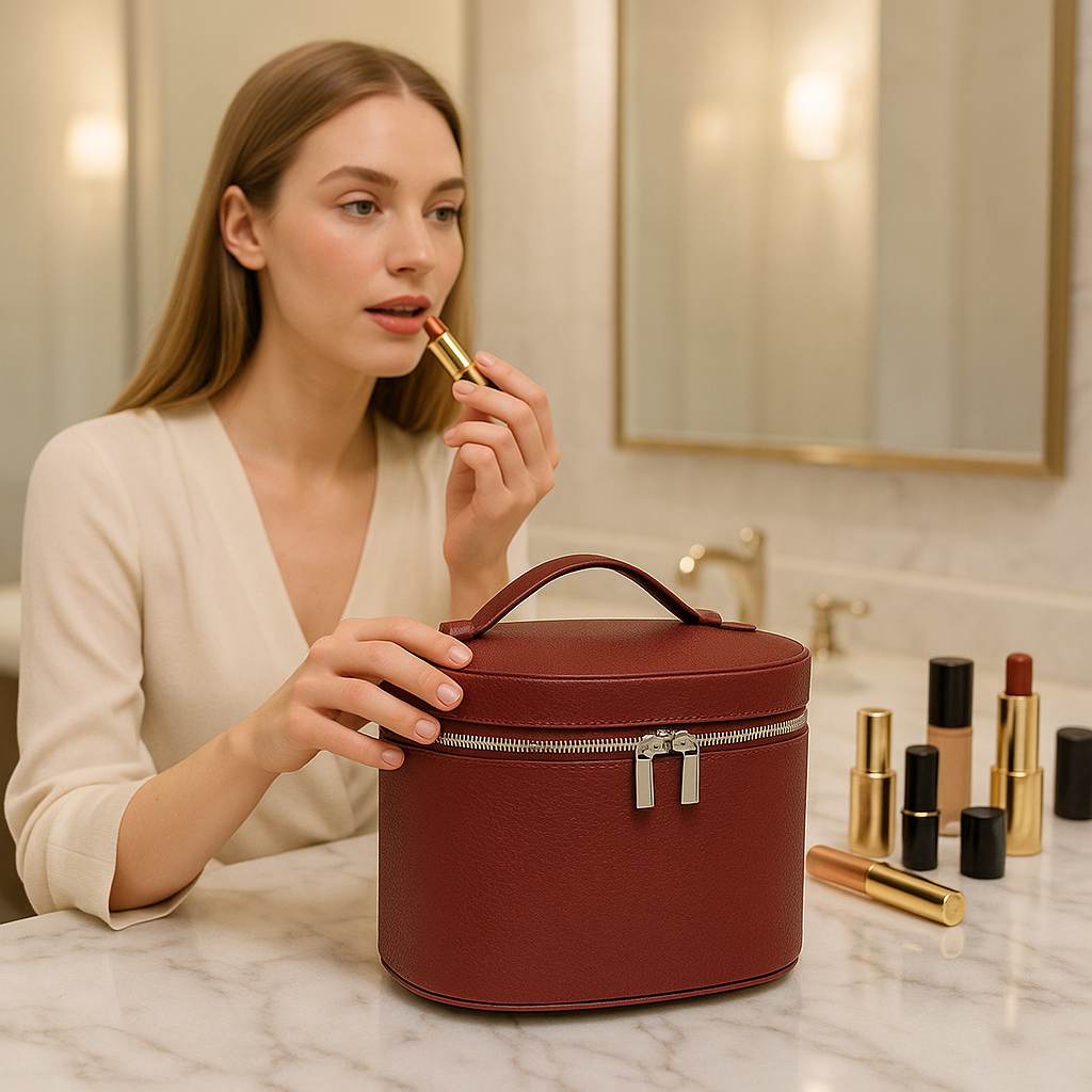 femme utilise vanity bordeau