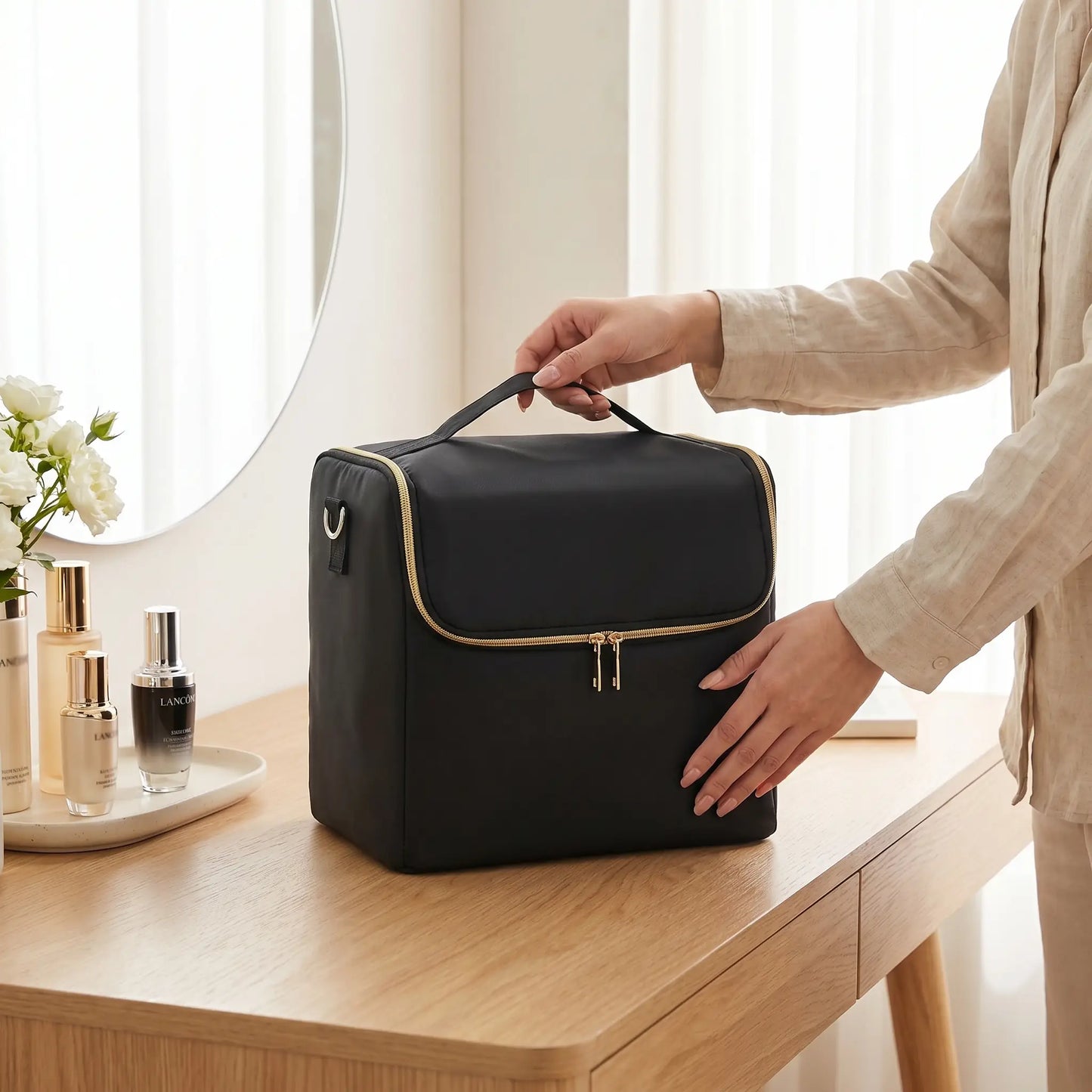 grand vanity case femme fermeture eclaire dore