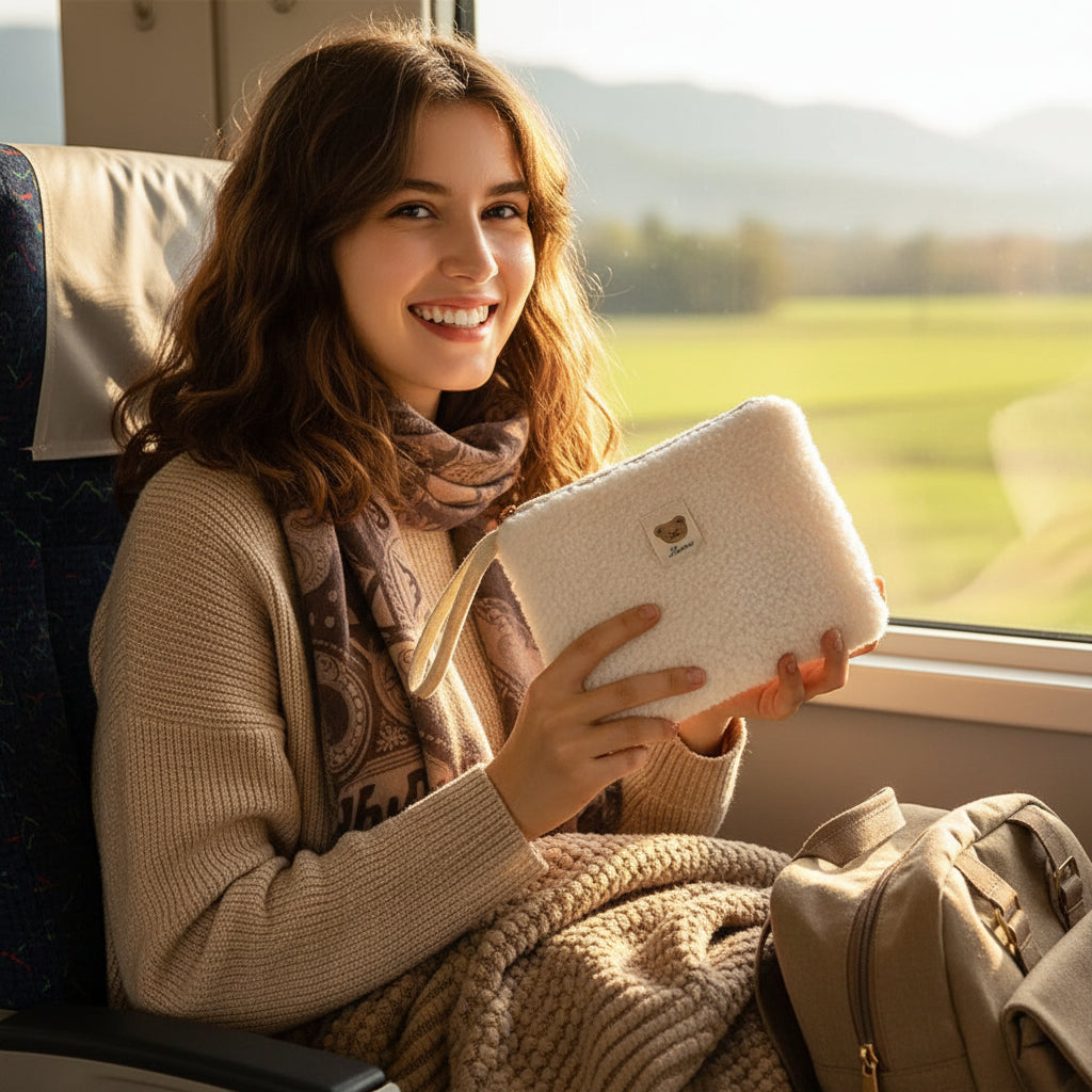 jeune fille porte trousse de toilette train