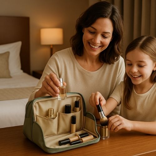maman avec fille utilise trousse de toilette femme