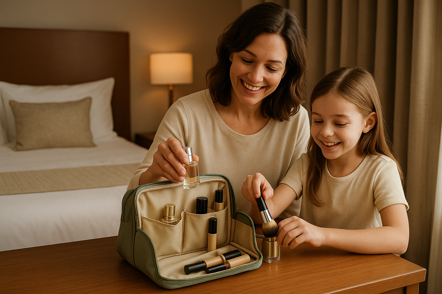 maman avec fille utilise trousse de toilette femme