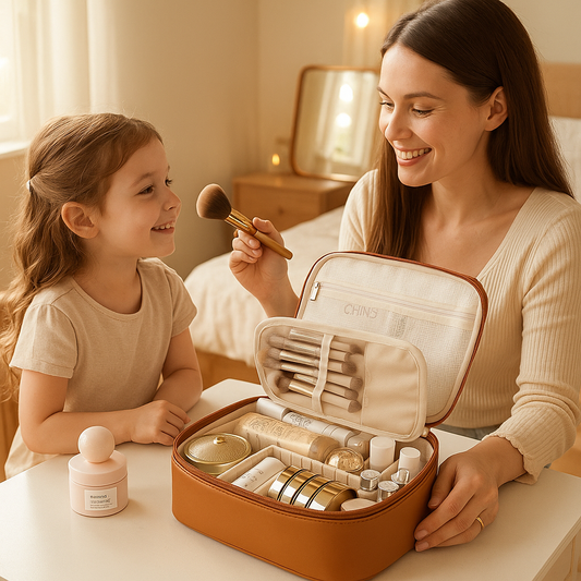 maman fille ouvrent trousse de toilette femme tendance