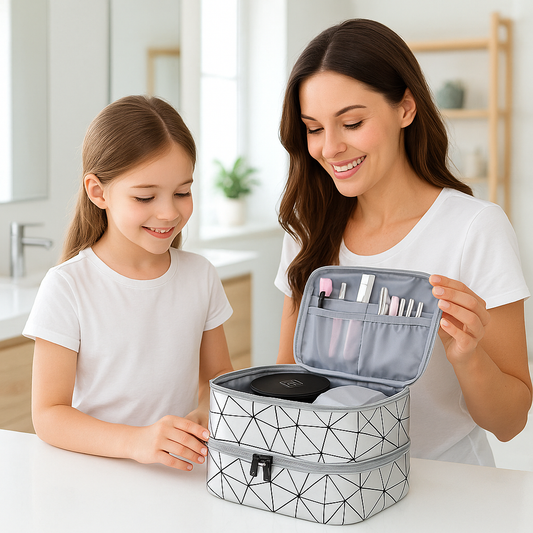 maman fille partagent trousse de maquillage