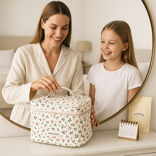 maman fille partagent trousse de toilette femme