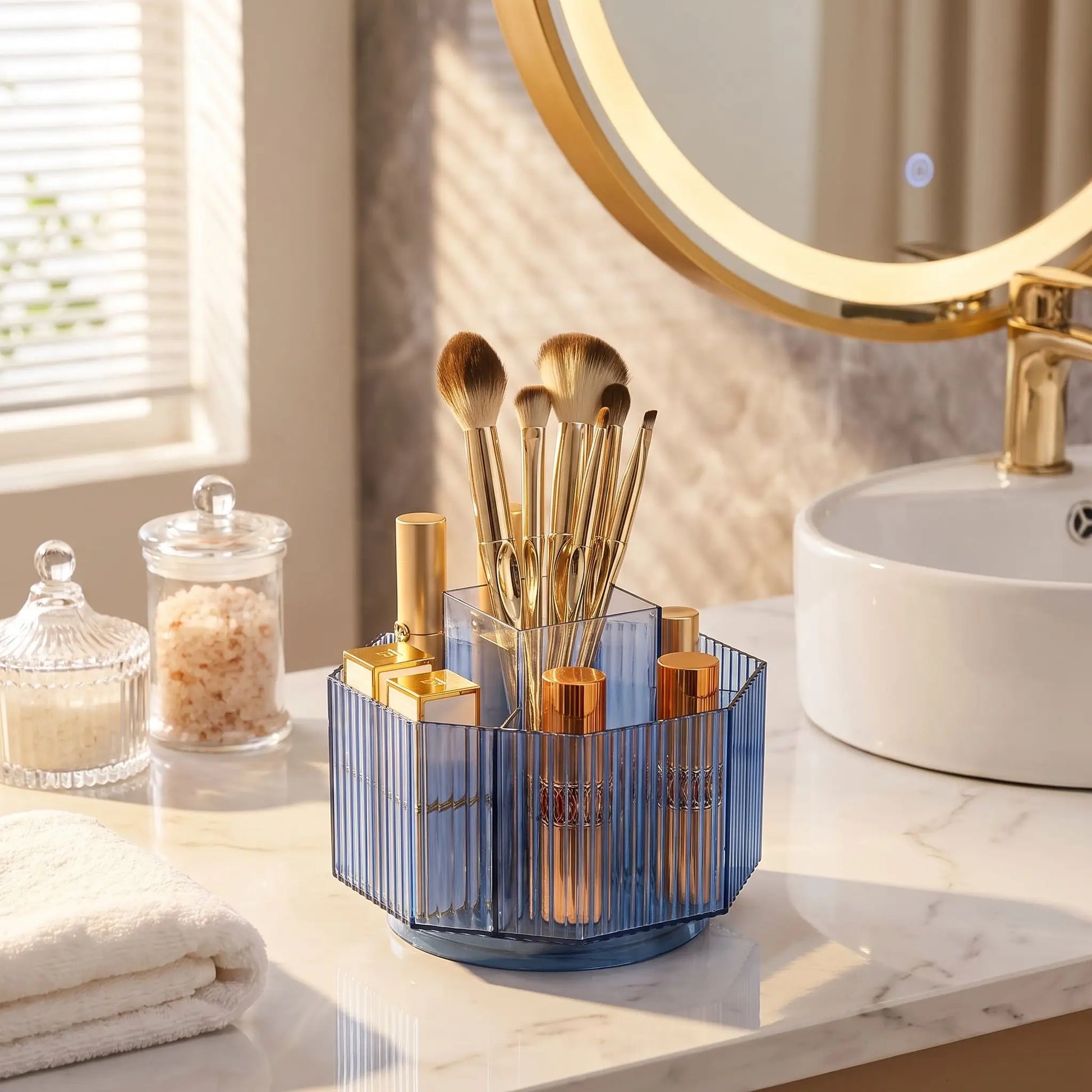 organiateur maquillage rotatif compact bleu