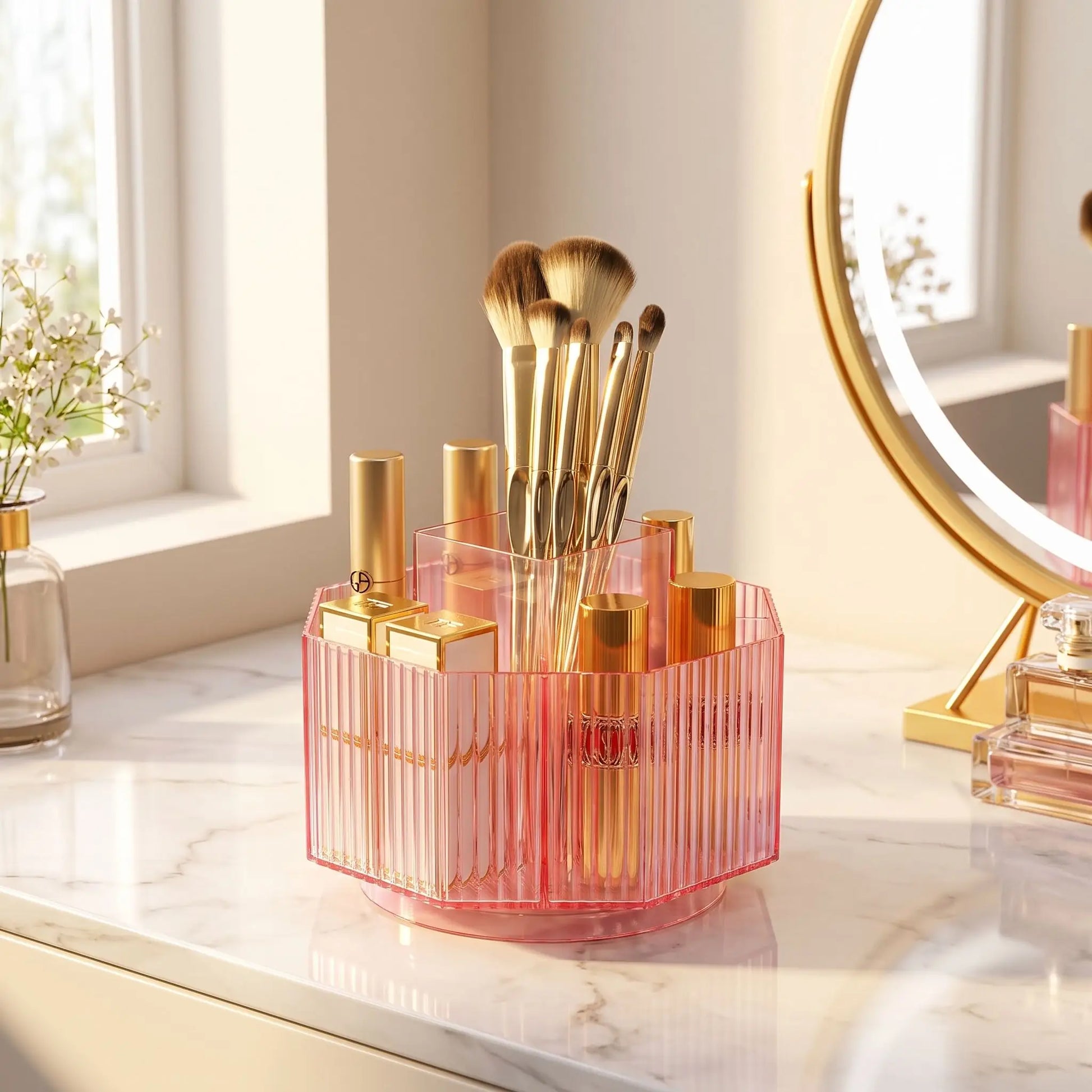 organiateur maquillage rotatif compact rose