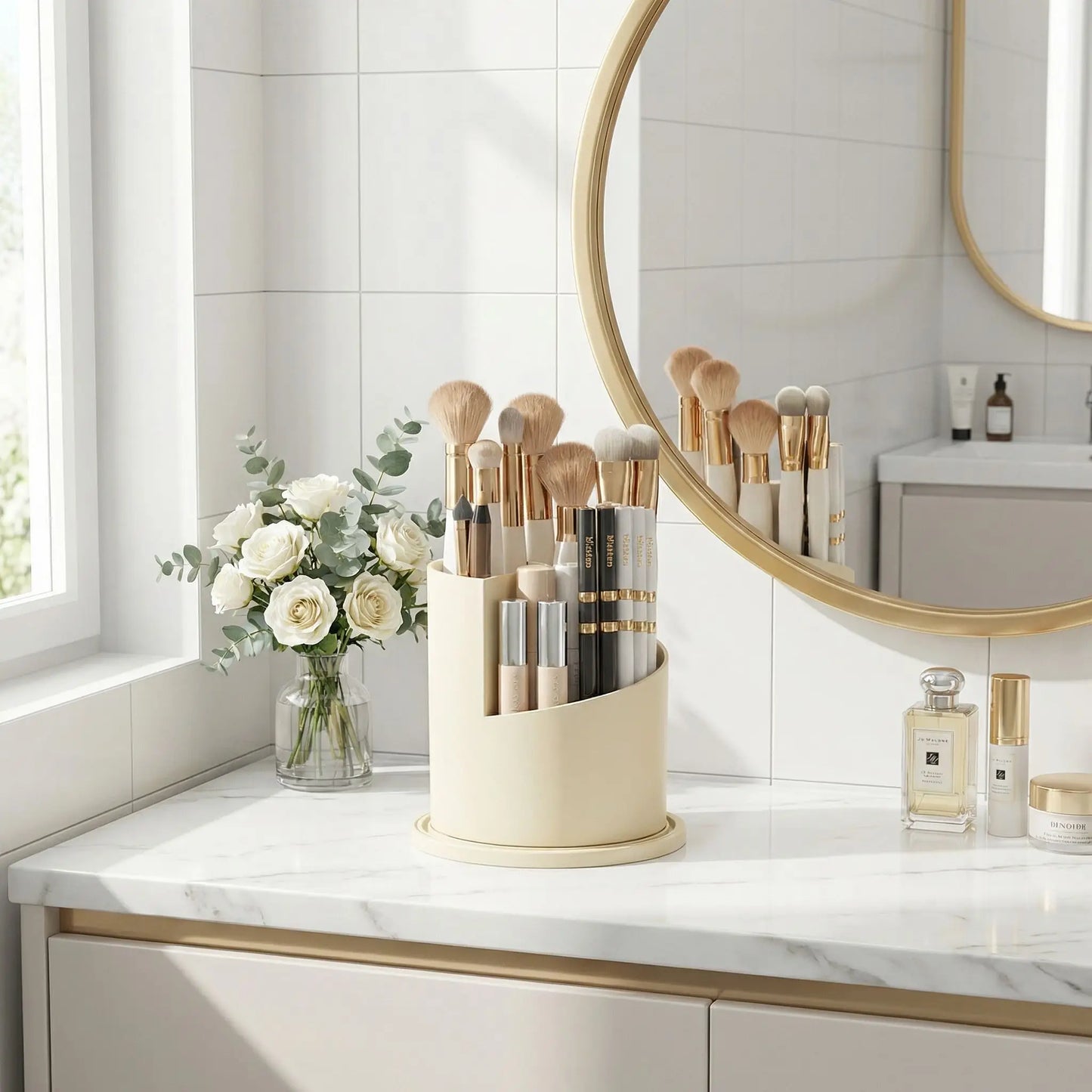 organisateur de maquillage rotatif devant miroir