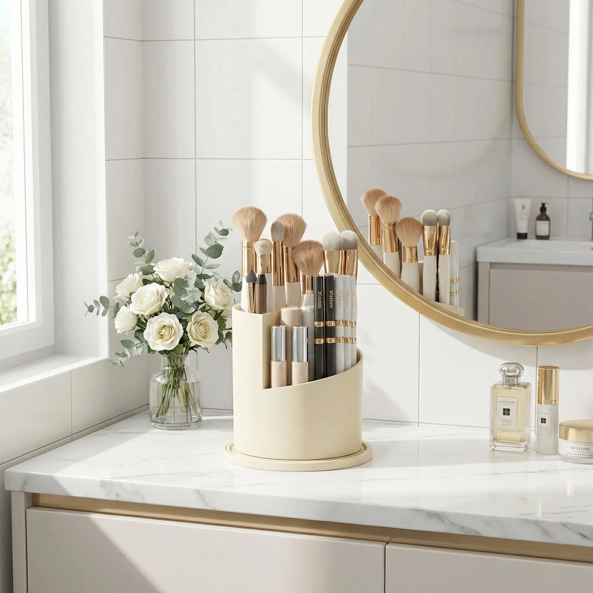 organisateur de maquillage rotatif devant miroir