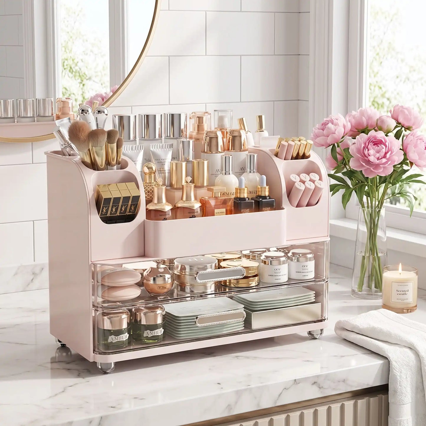 organisateur maquillage grande capacite rose