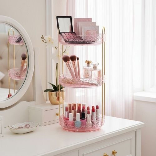 organisateur maquillage rotatif grande capacite rose