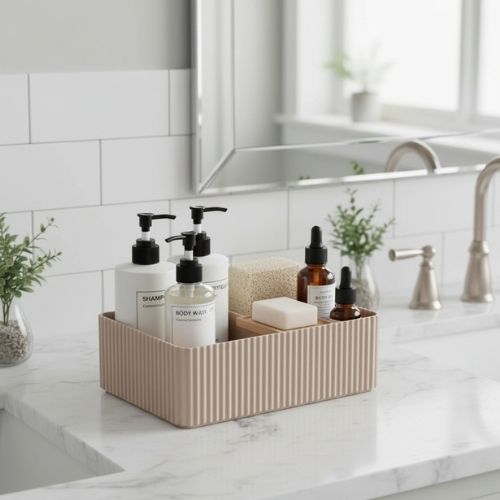 rangement maquillage pour salle de bain beige
