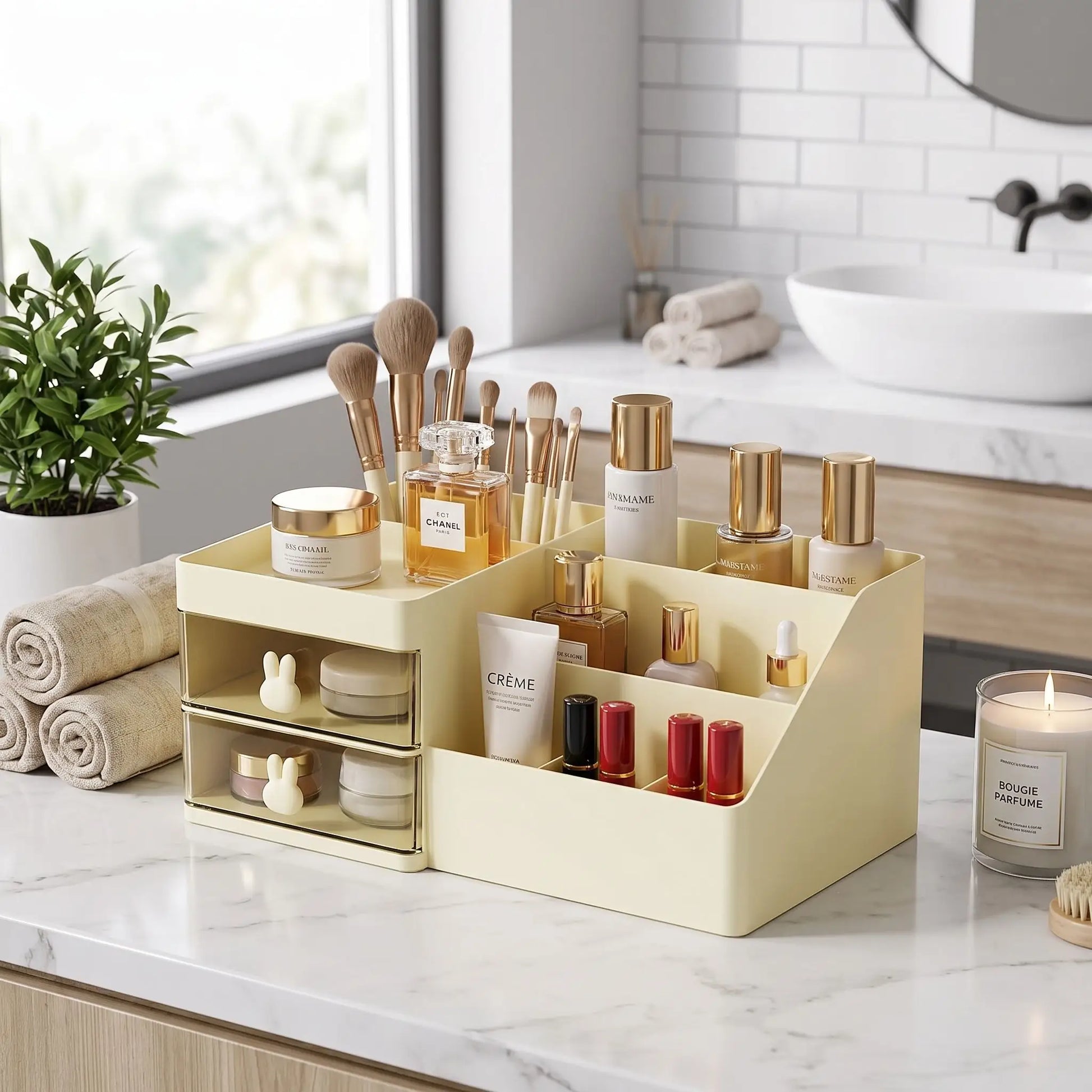rangement maquillage salle de bain jaune