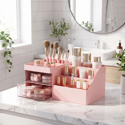 rangement maquillage salle de bain rose