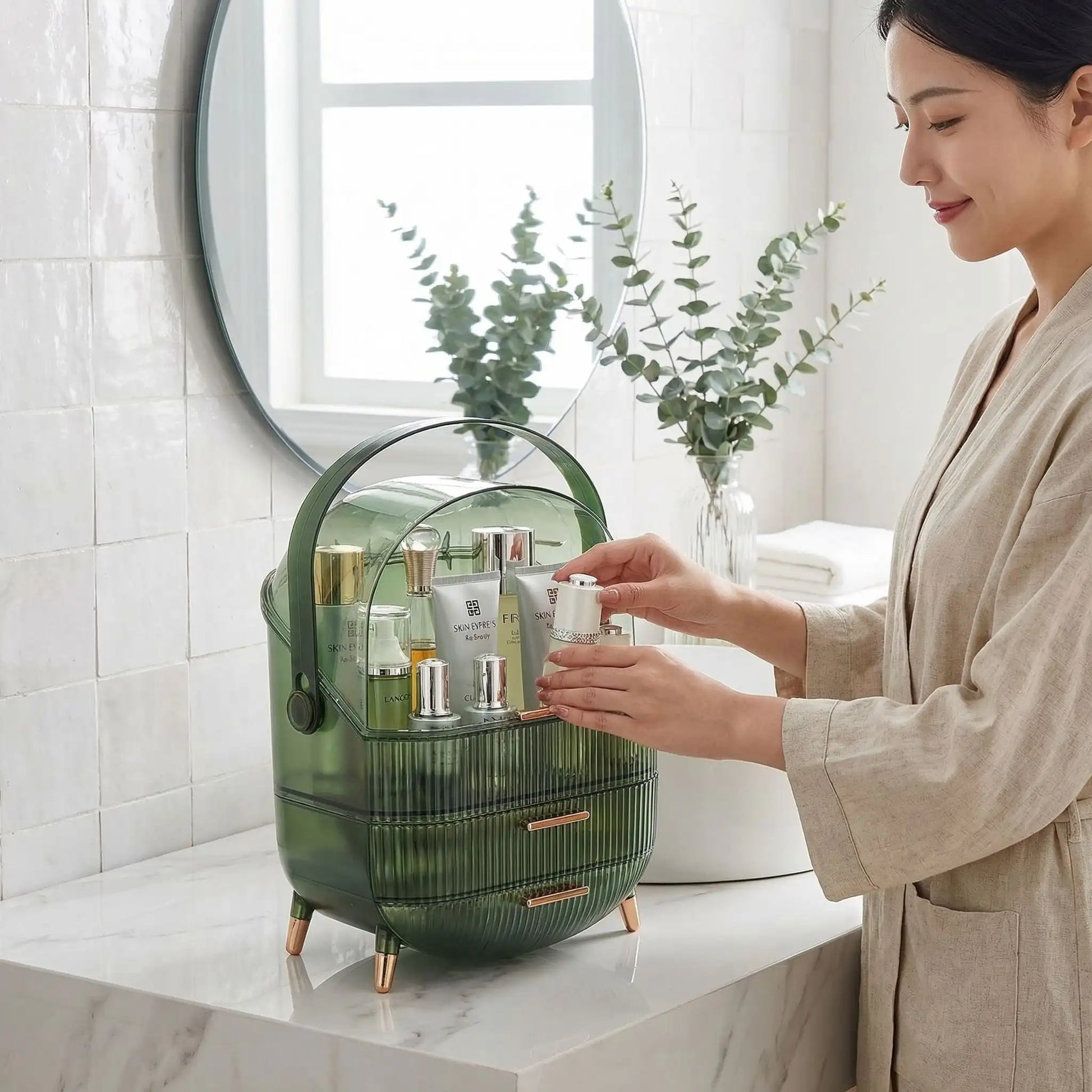 rangement maquillage vert transparent