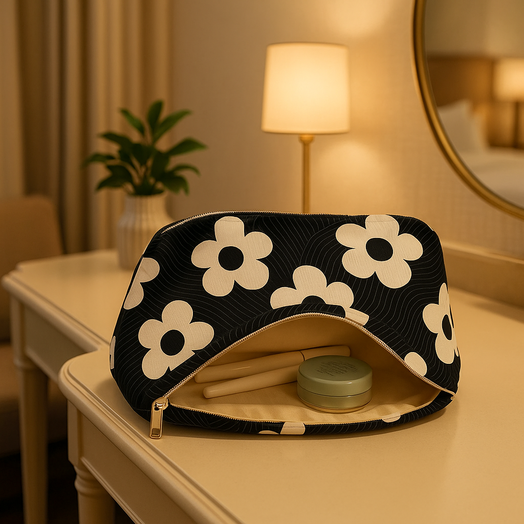 trousse a maquillage ouverte sur table