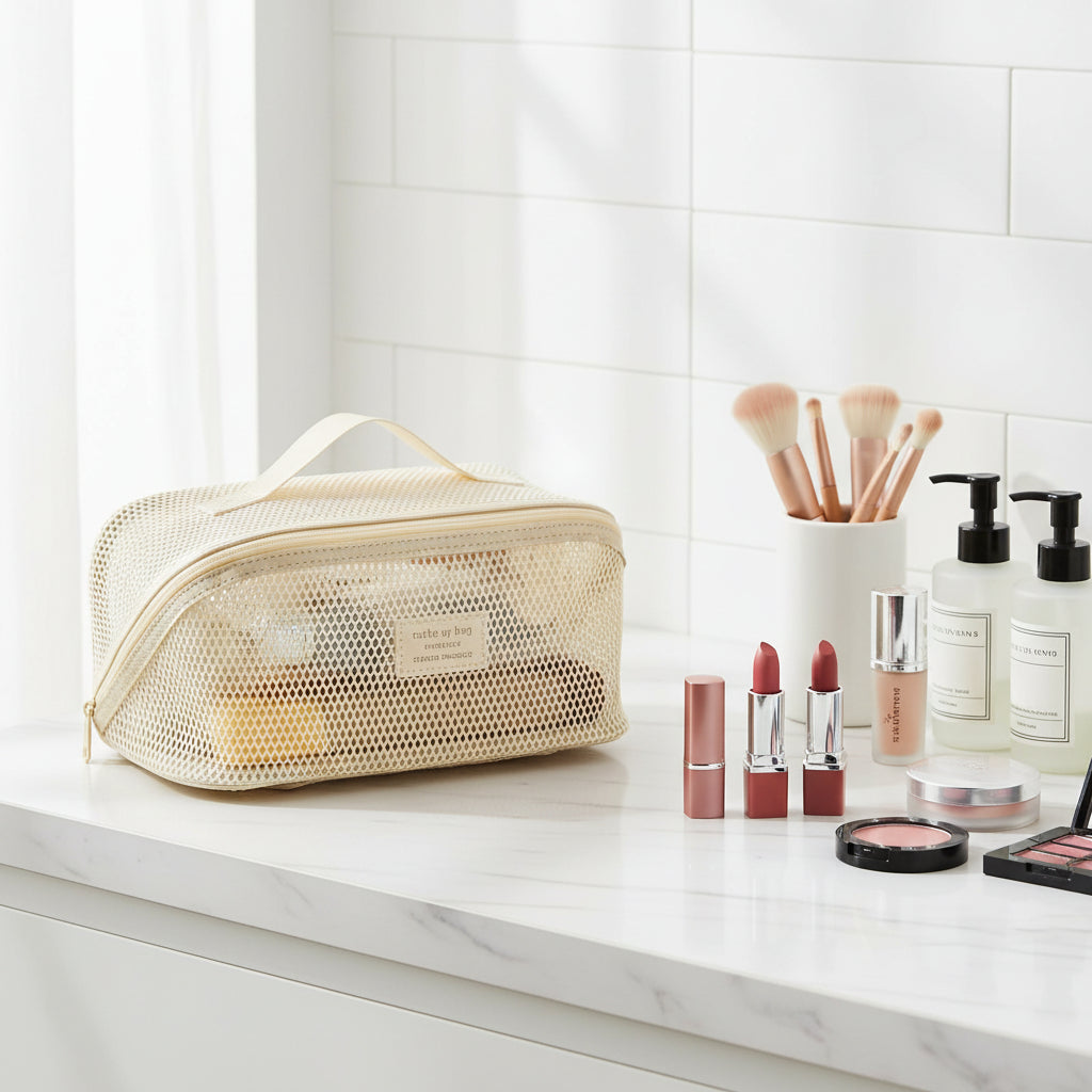 trousse de maquillage blanche posee