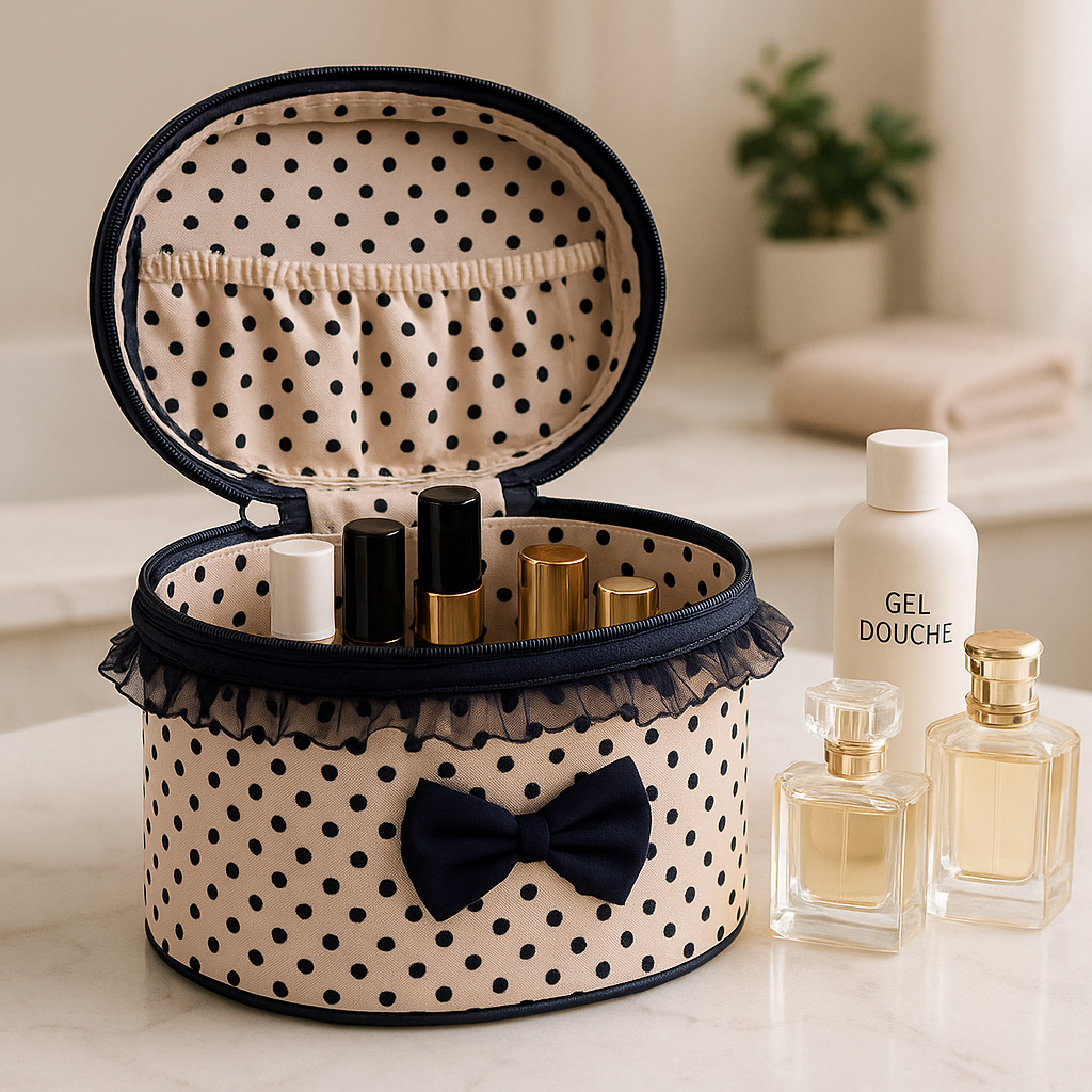 trousse de maquillage ouverte avec pleins produits