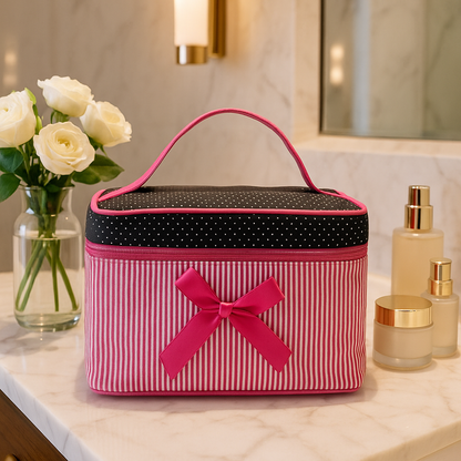 trousse de maquillage rose avec noeud