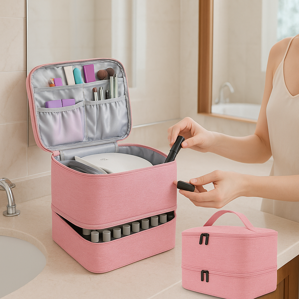 trousse de maquillage rose posee table
