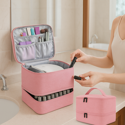 trousse de maquillage rose posee table