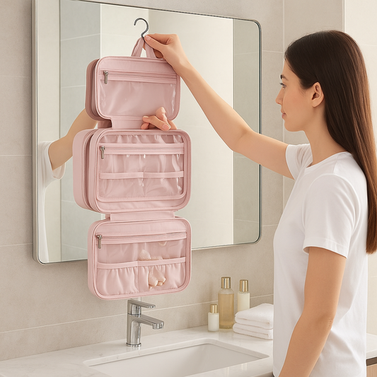 trousse de toilette femme accrochee salle bain