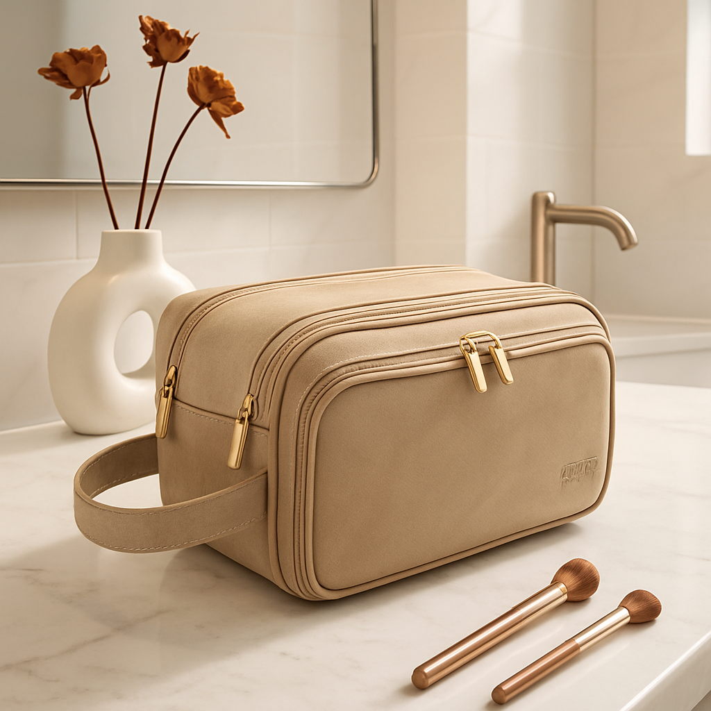 trousse de toilette femme beige poser avec pinceaux maquillage