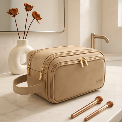 trousse de toilette femme beige poser avec pinceaux maquillage