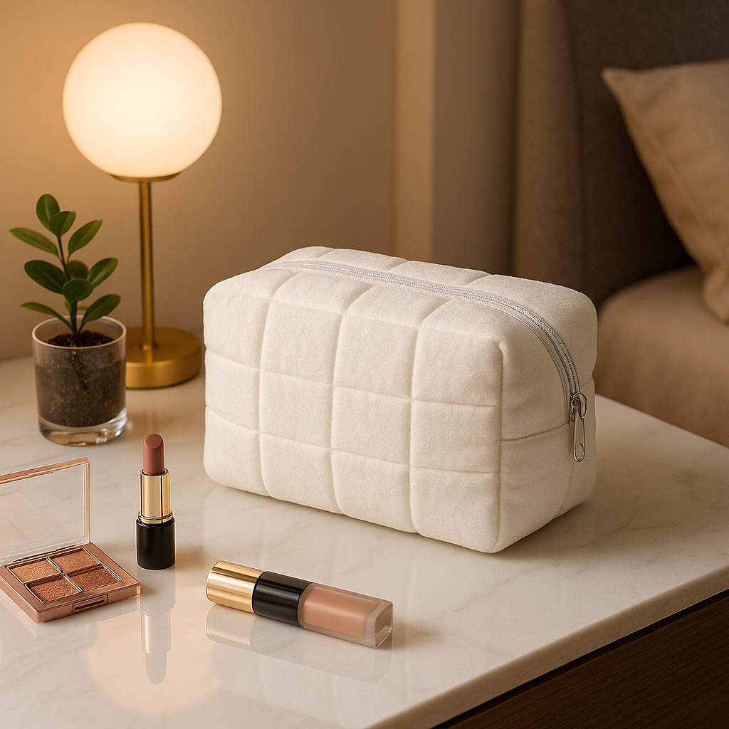 trousse de toilette femme posee cote maquillage parfums