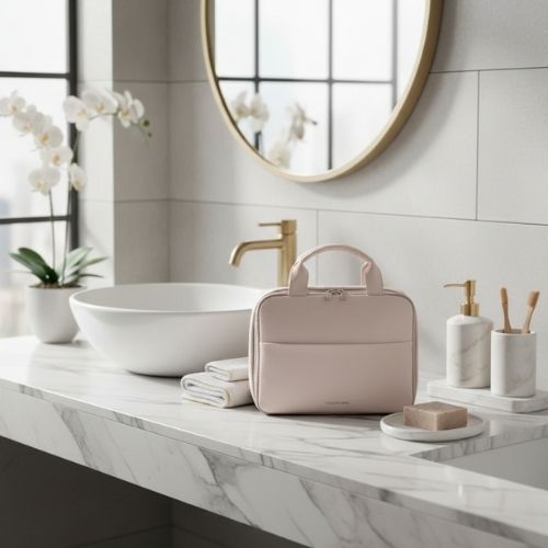 trousse de toilette impermeable femme beige clair