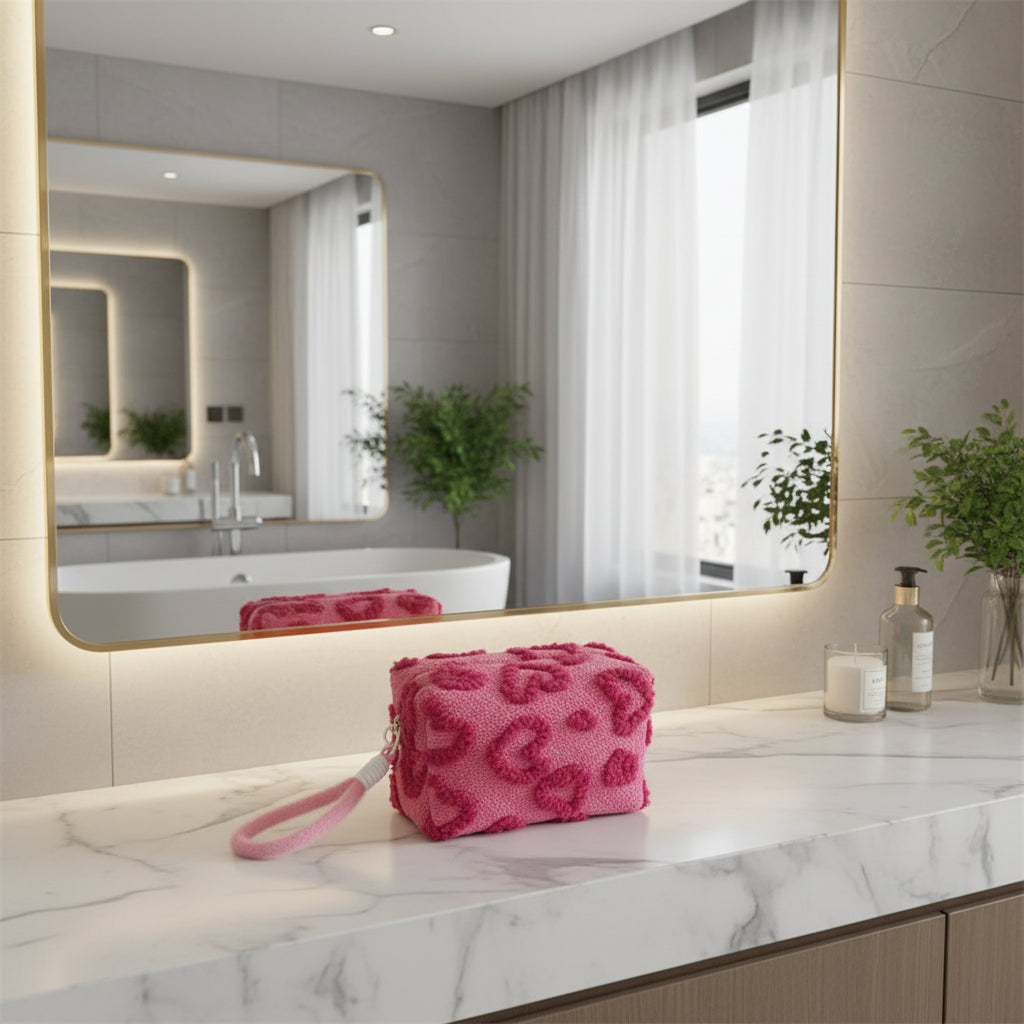 trousse de toilette posee devant miroir