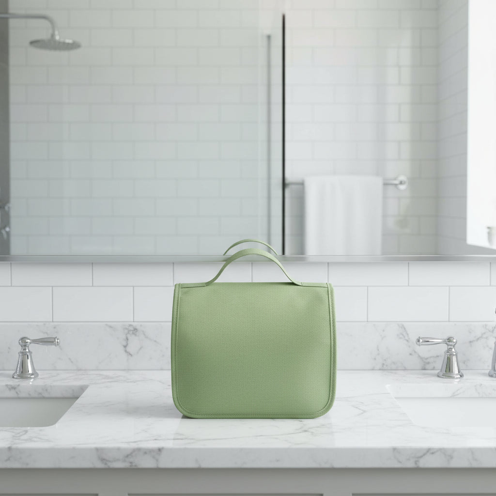 trousse de toilette verte posee lavabo