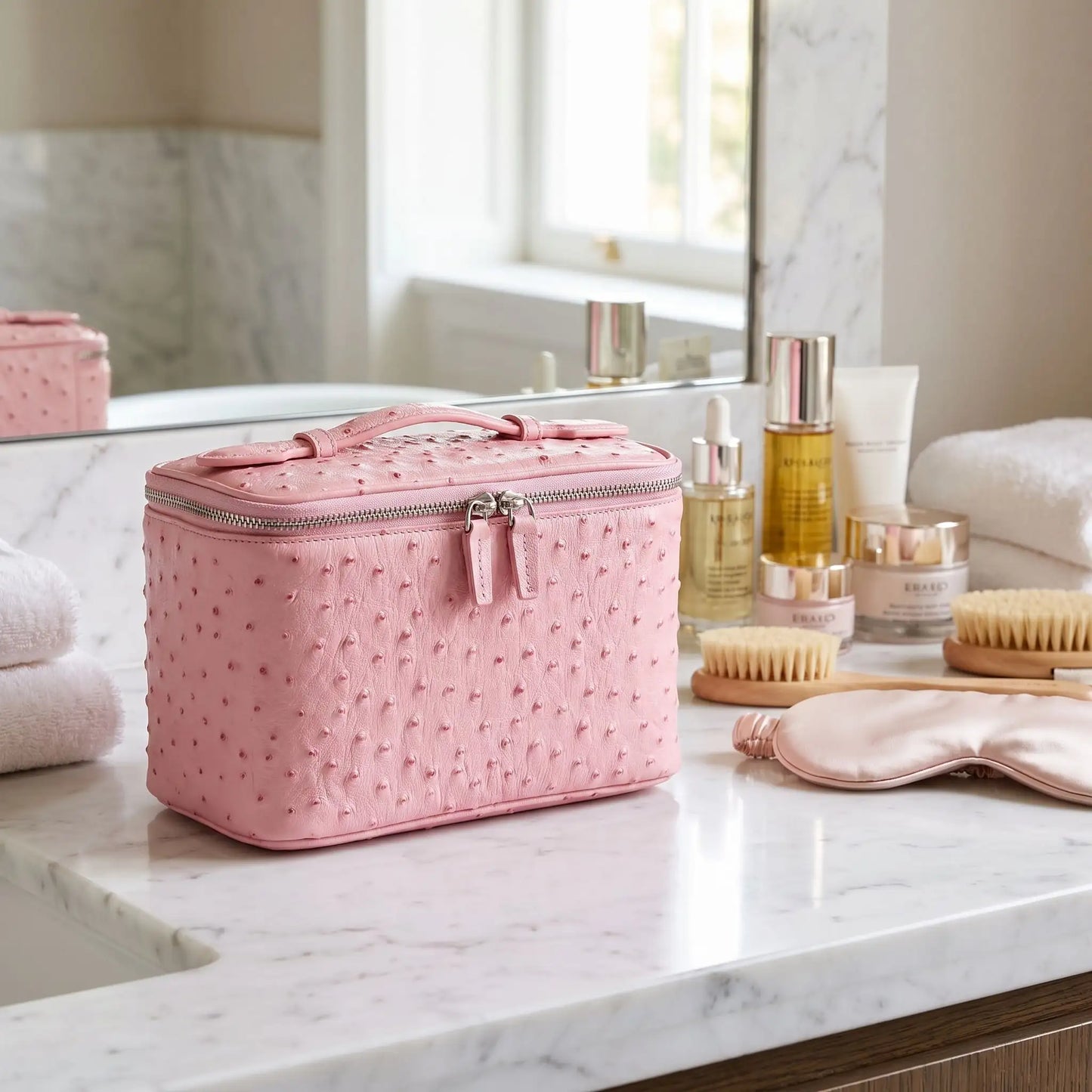 trousse maquillage cuir femme rose clair