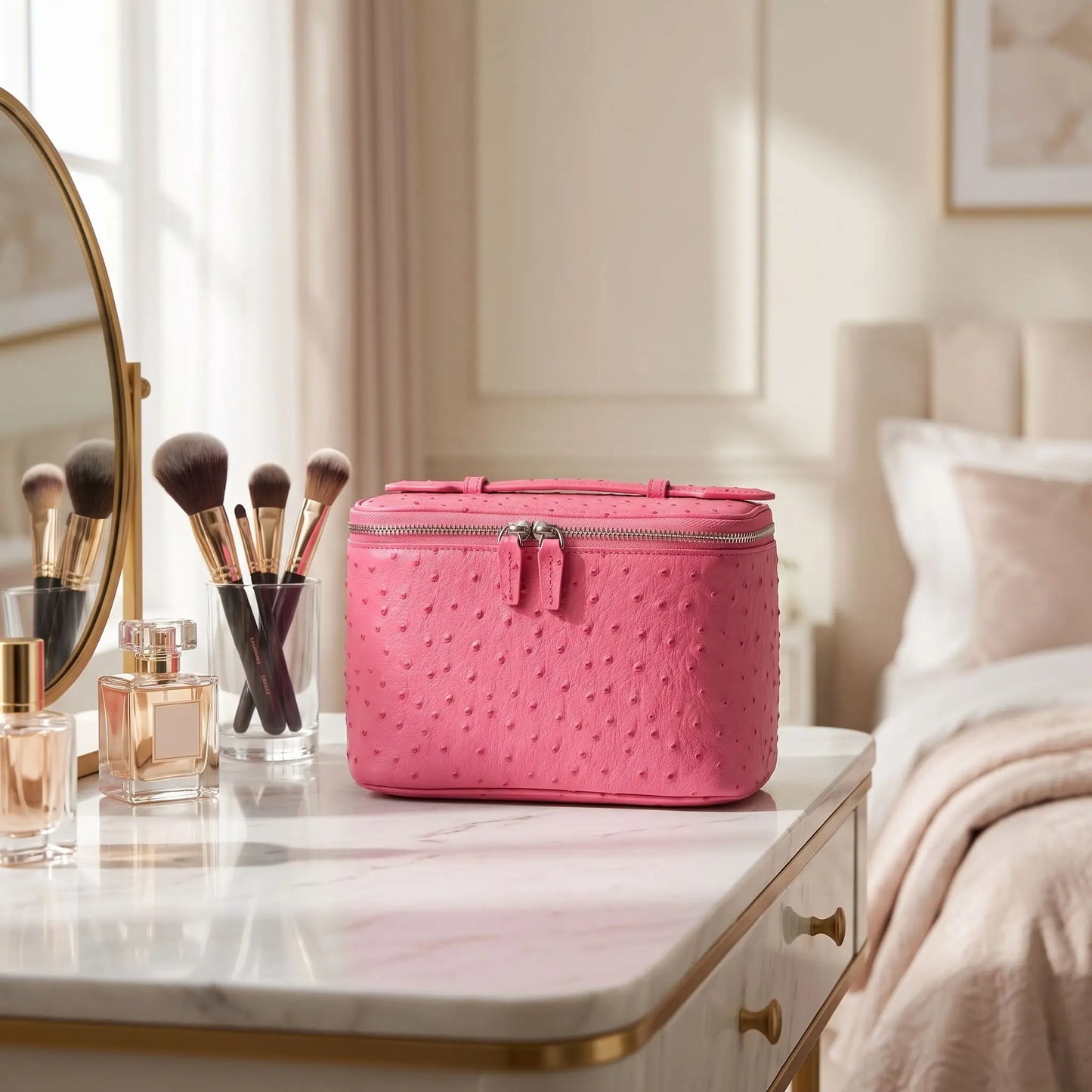 trousse maquillage cuir femme rose fonce