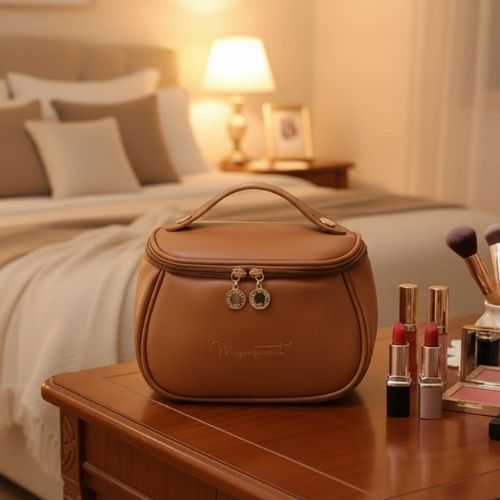 trousse maquillage posee devant cosmetiques