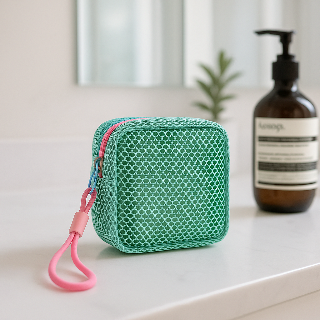 trousse maquillage verte posee davant savon